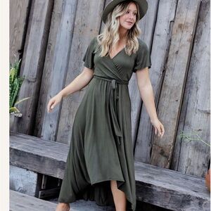 Olive green high low wrap dress west kei size large or medium